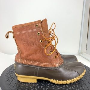 LL Bean Women 8 Duck Boots Brown Tumbled Leather Flannel Lined 8" Shoes Mid Top